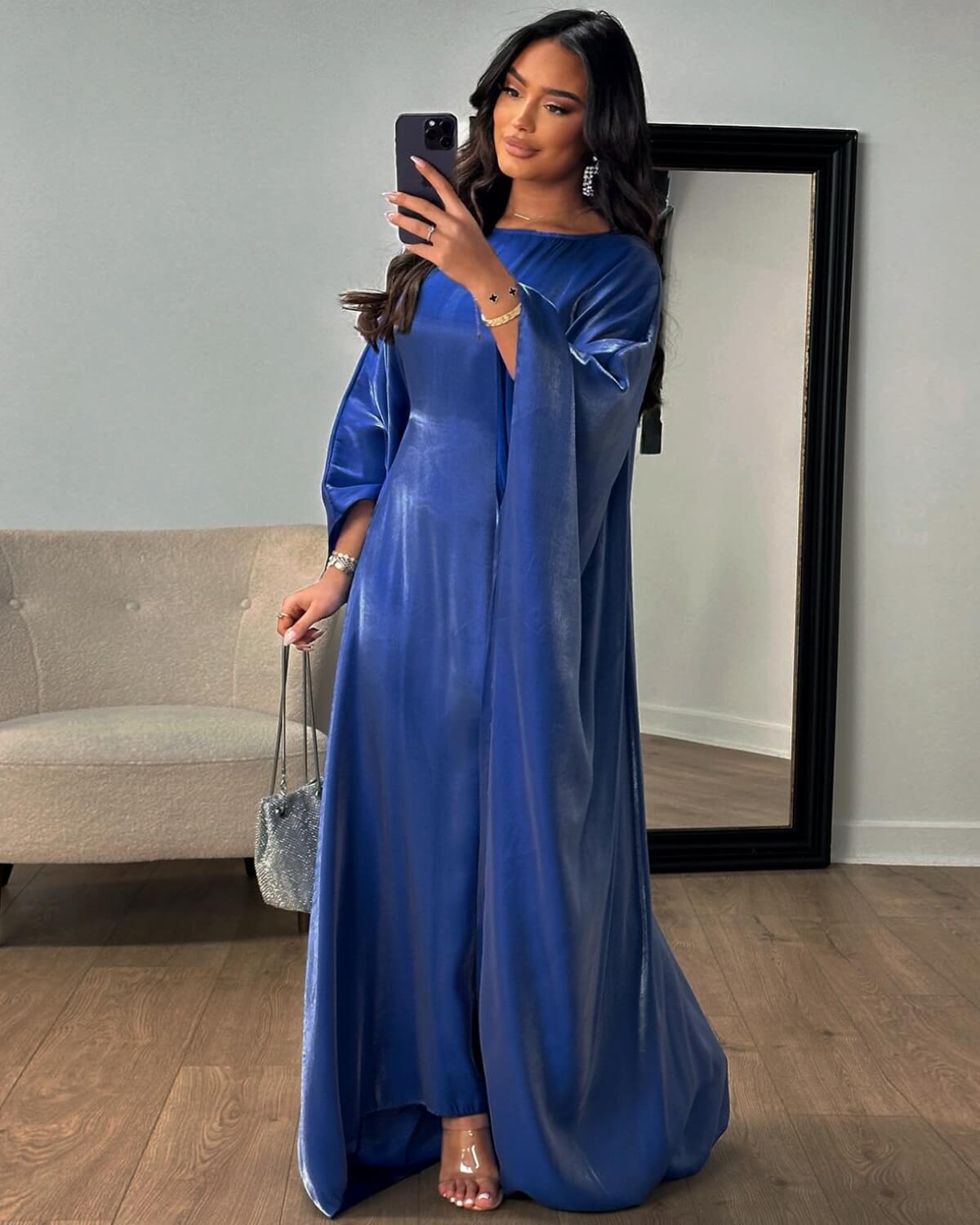Solid Satin Butterfly Abaya Maxi Dress