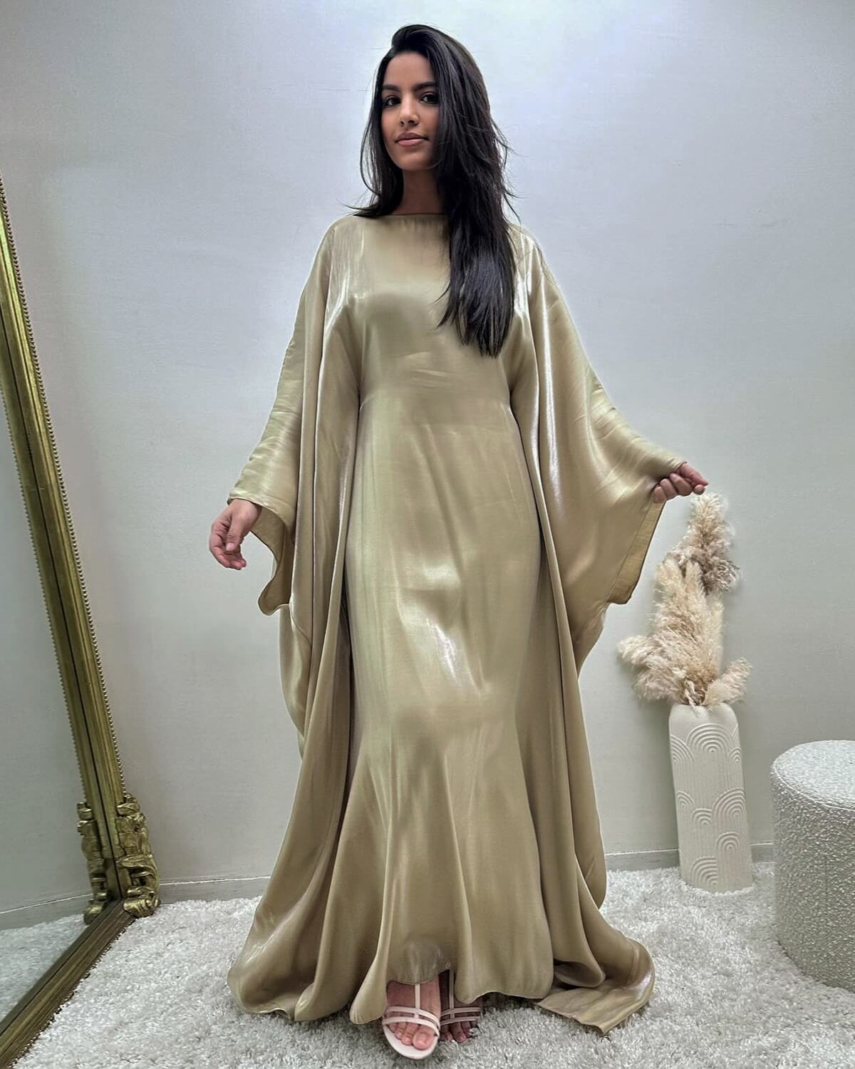 Solid Satin Butterfly Abaya Maxi Dress