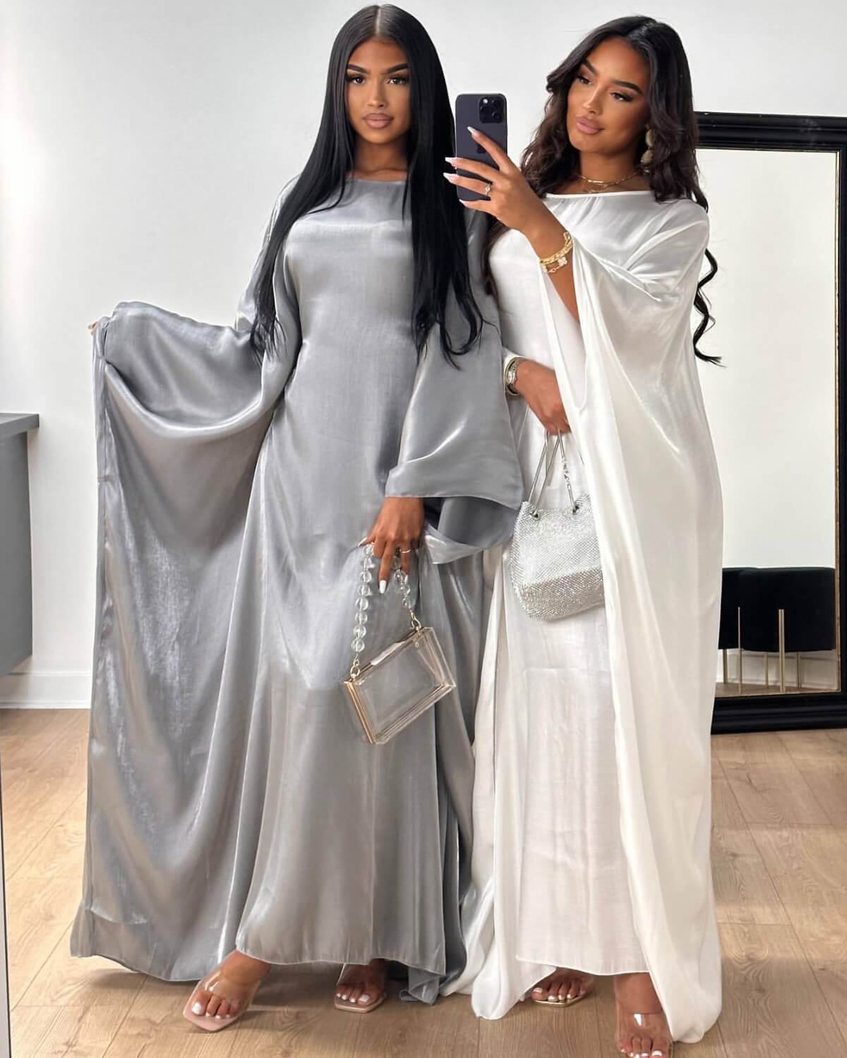 Solid Satin Butterfly Abaya Maxi Dress