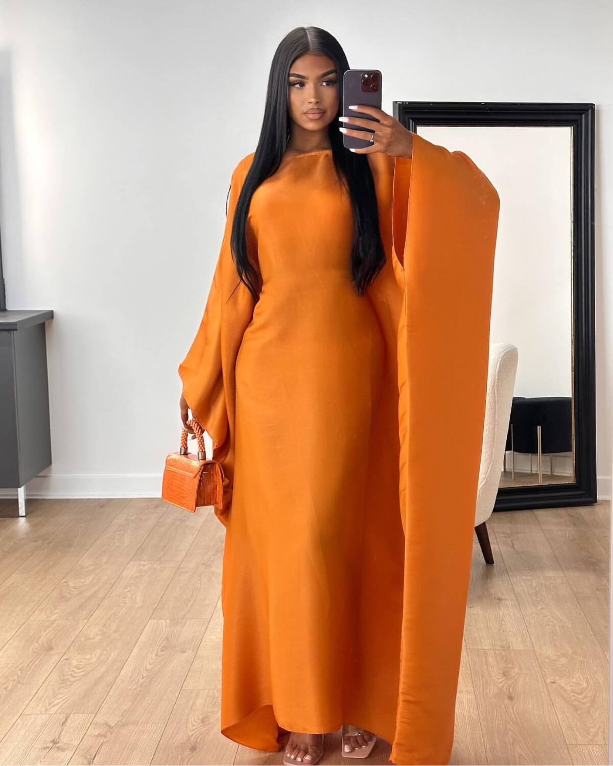 Solid Satin Butterfly Abaya Maxi Dress