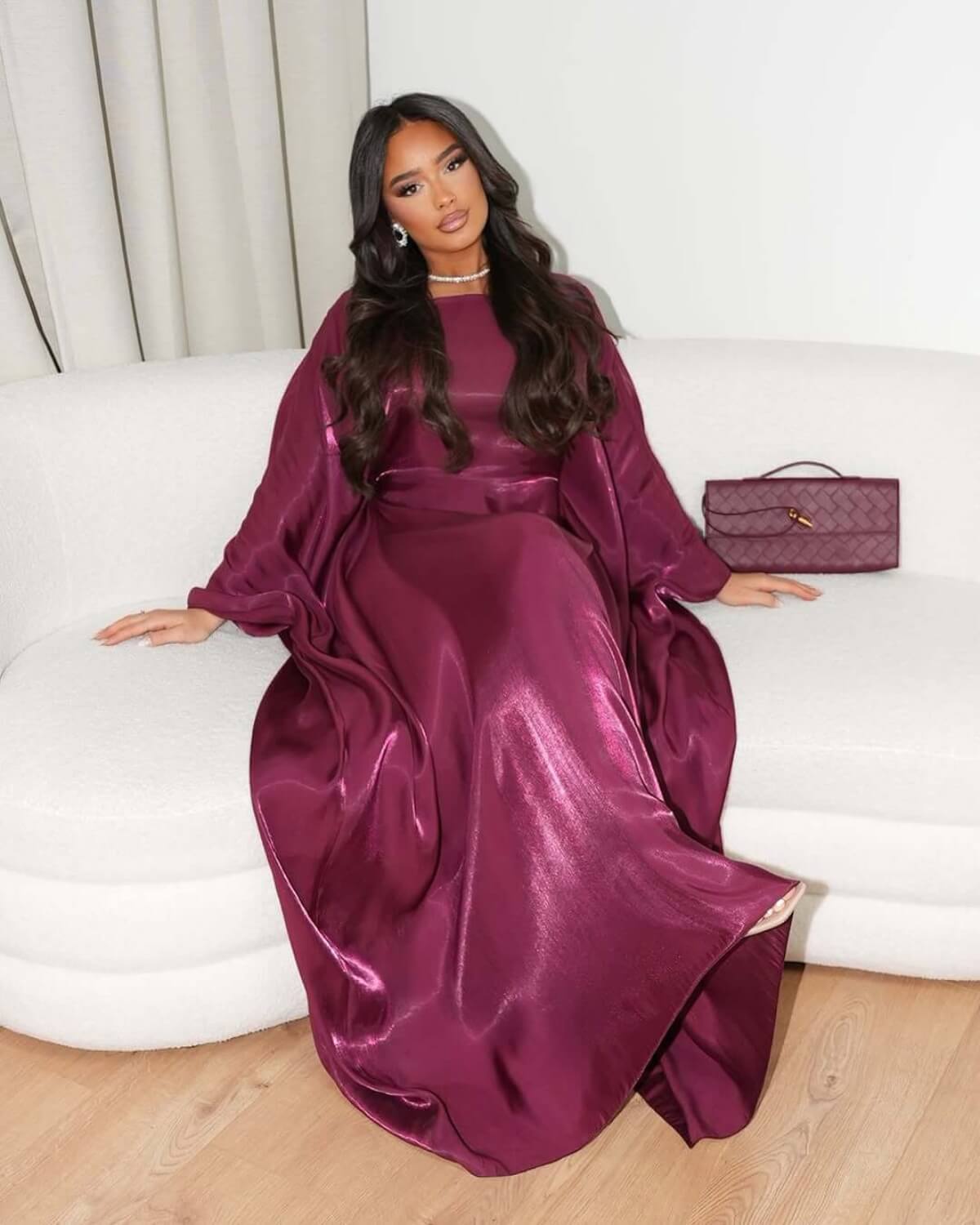 Solid Satin Butterfly Abaya Maxi Dress