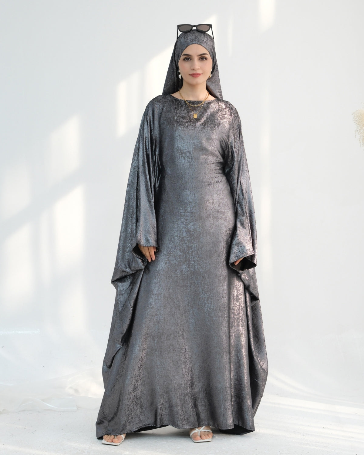 Satin Batwing Dark Gray Butterfly Abaya Dress
