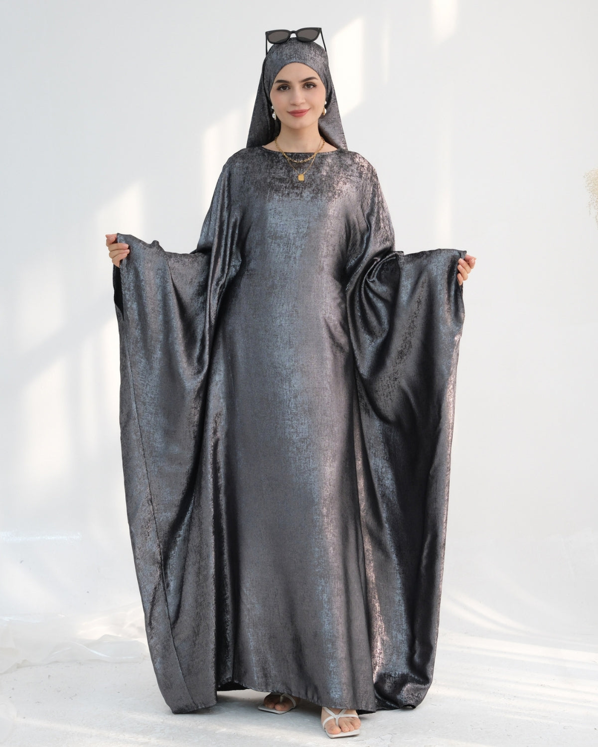 Satin Batwing Dark Gray Butterfly Abaya Dress