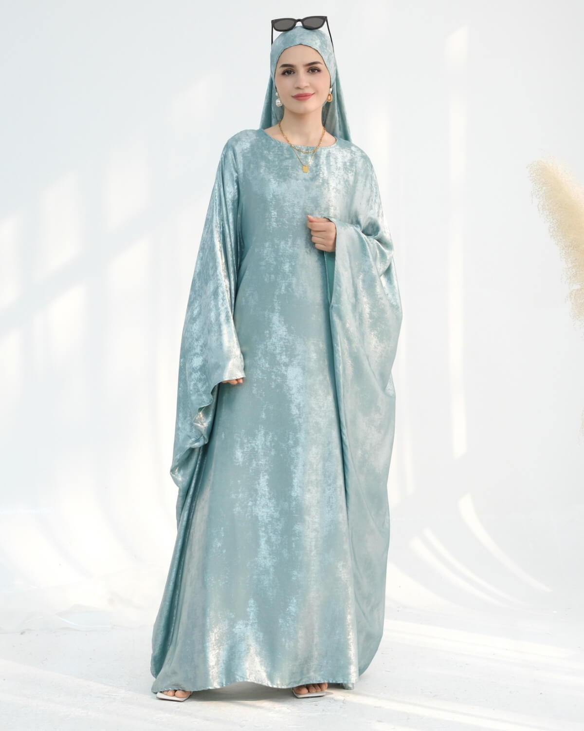Satin Batwing Light Blue Butterfly Abaya Dress