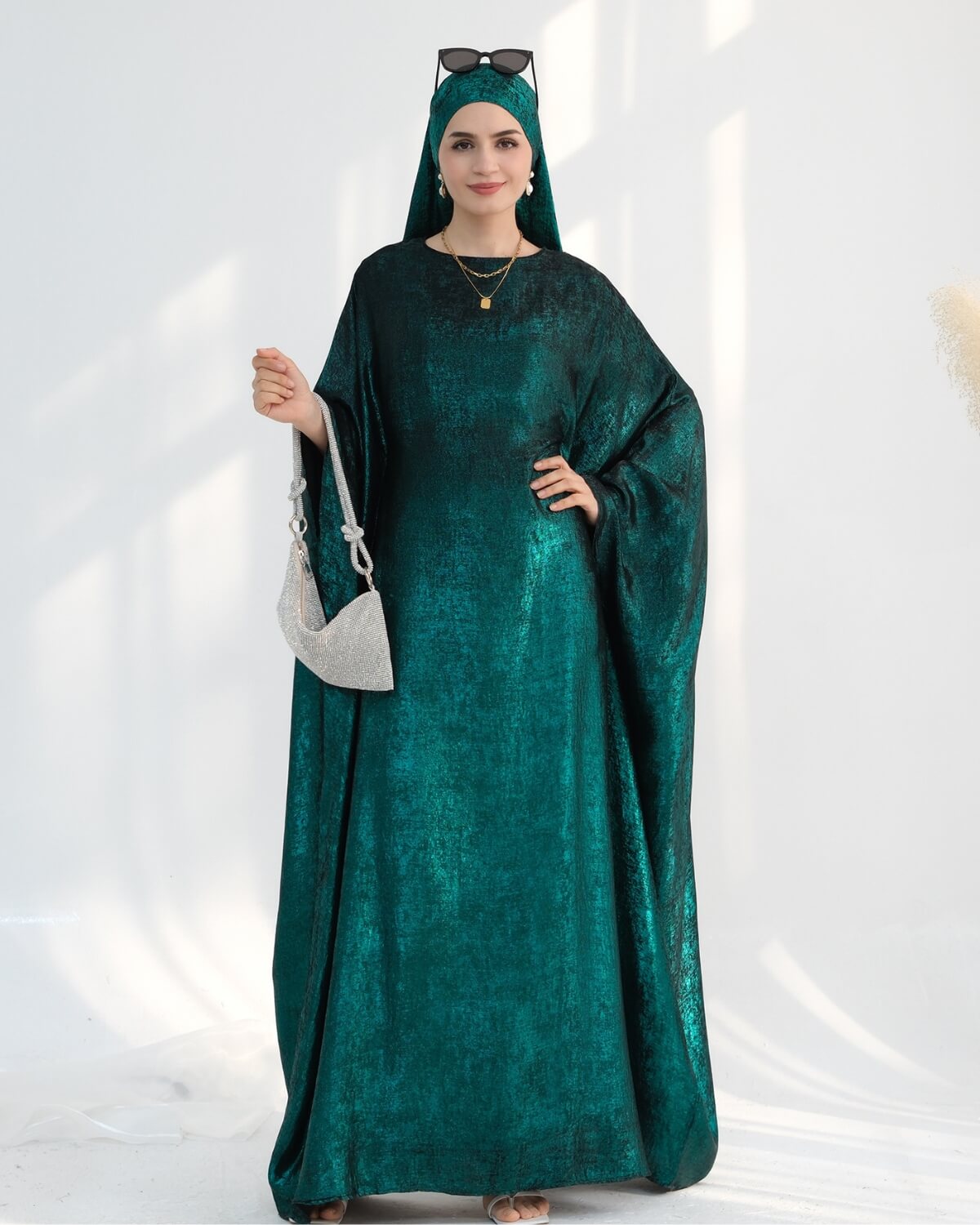 Satin Batwing Dark Green Butterfly Abaya Dress
