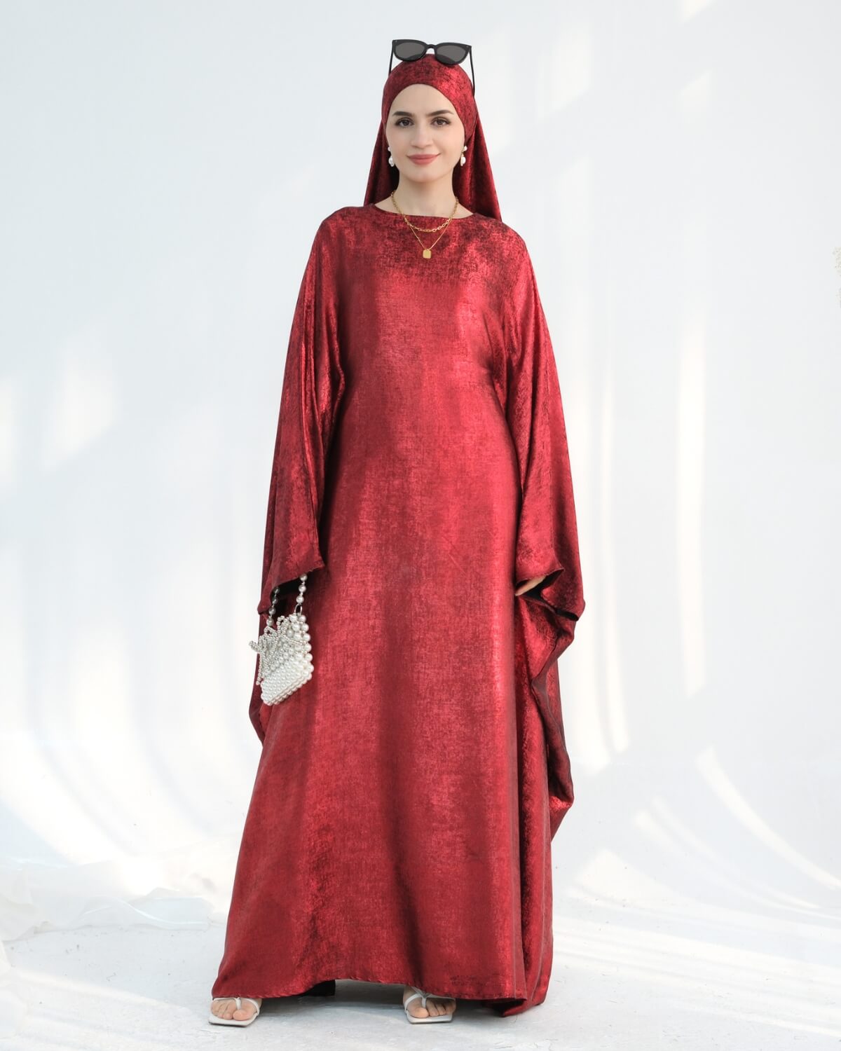 Satin Batwing Red Butterfly Abaya Dress