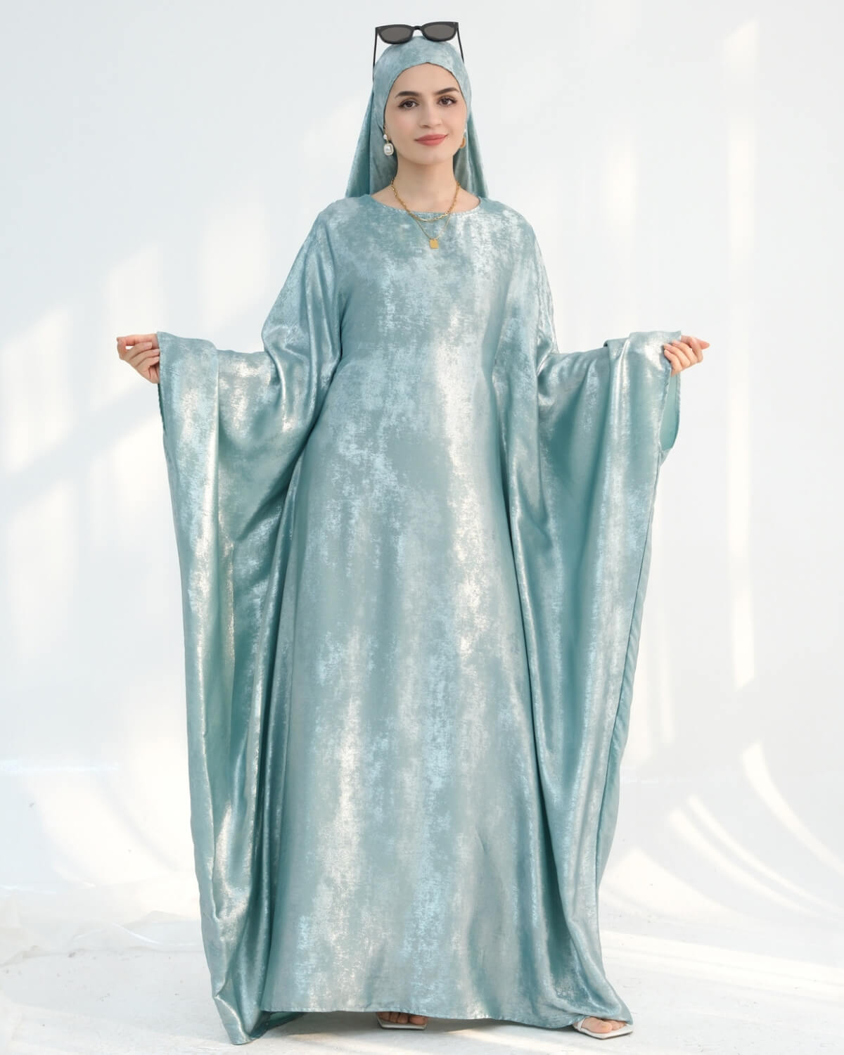 Satin Batwing Light Blue Butterfly Abaya Dress