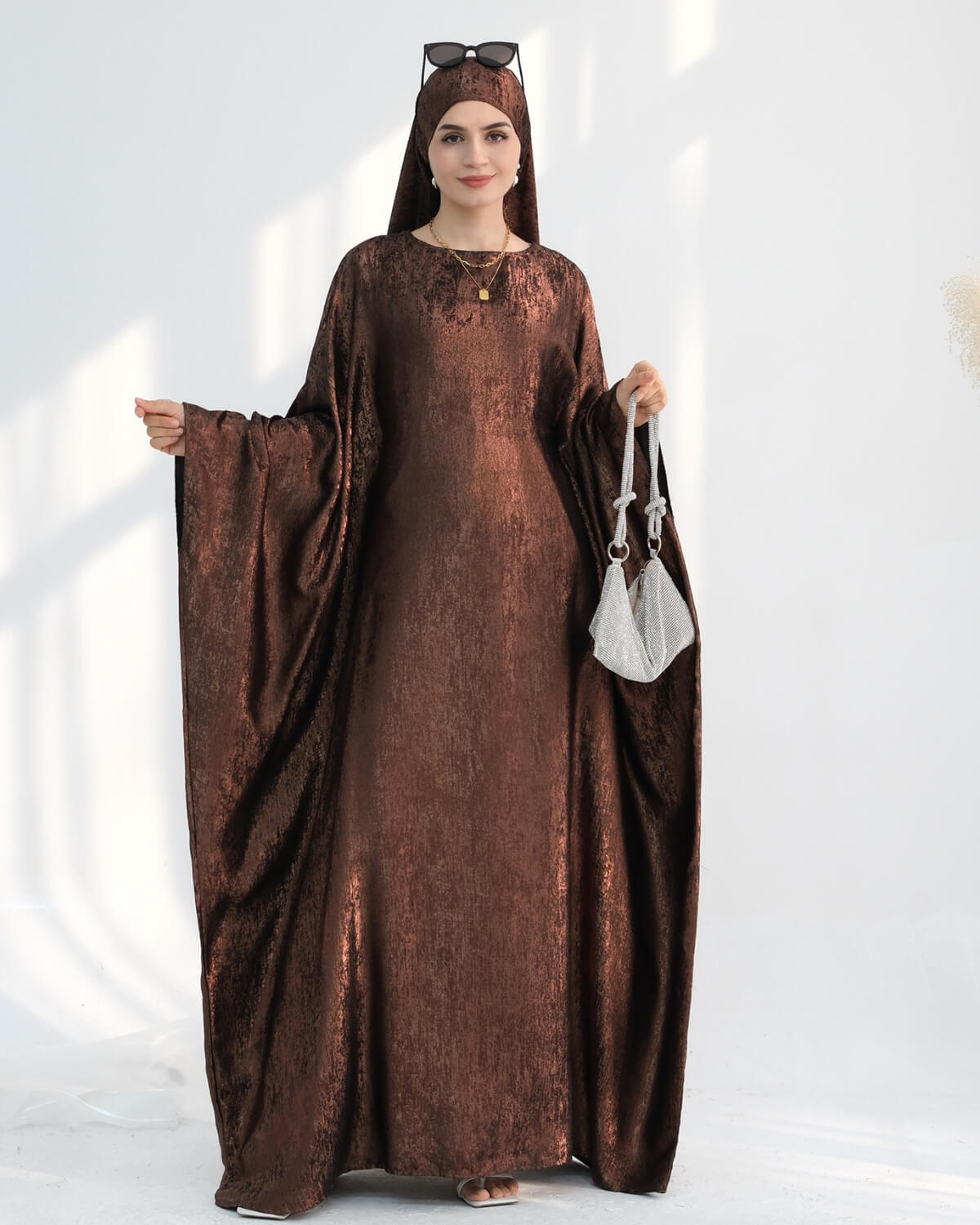 Satin Batwing Coffee Butterfly Abaya Dress