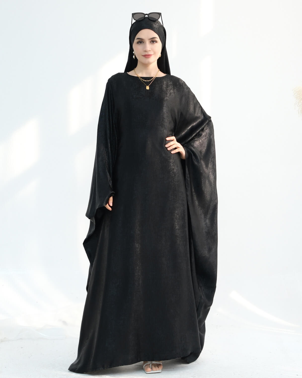 Satin Batwing Black Butterfly Abaya Dress