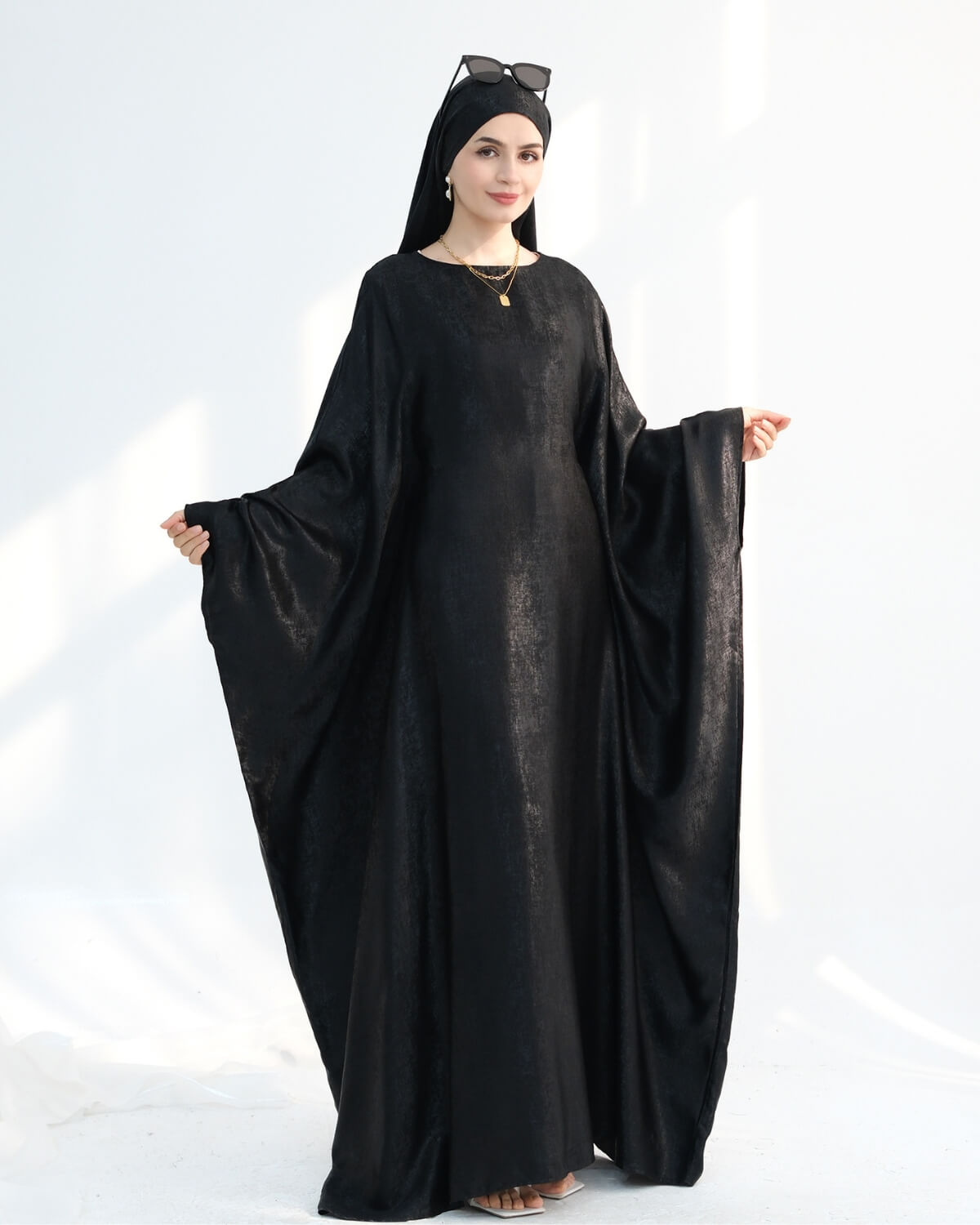 Satin Batwing Black Butterfly Abaya Dress