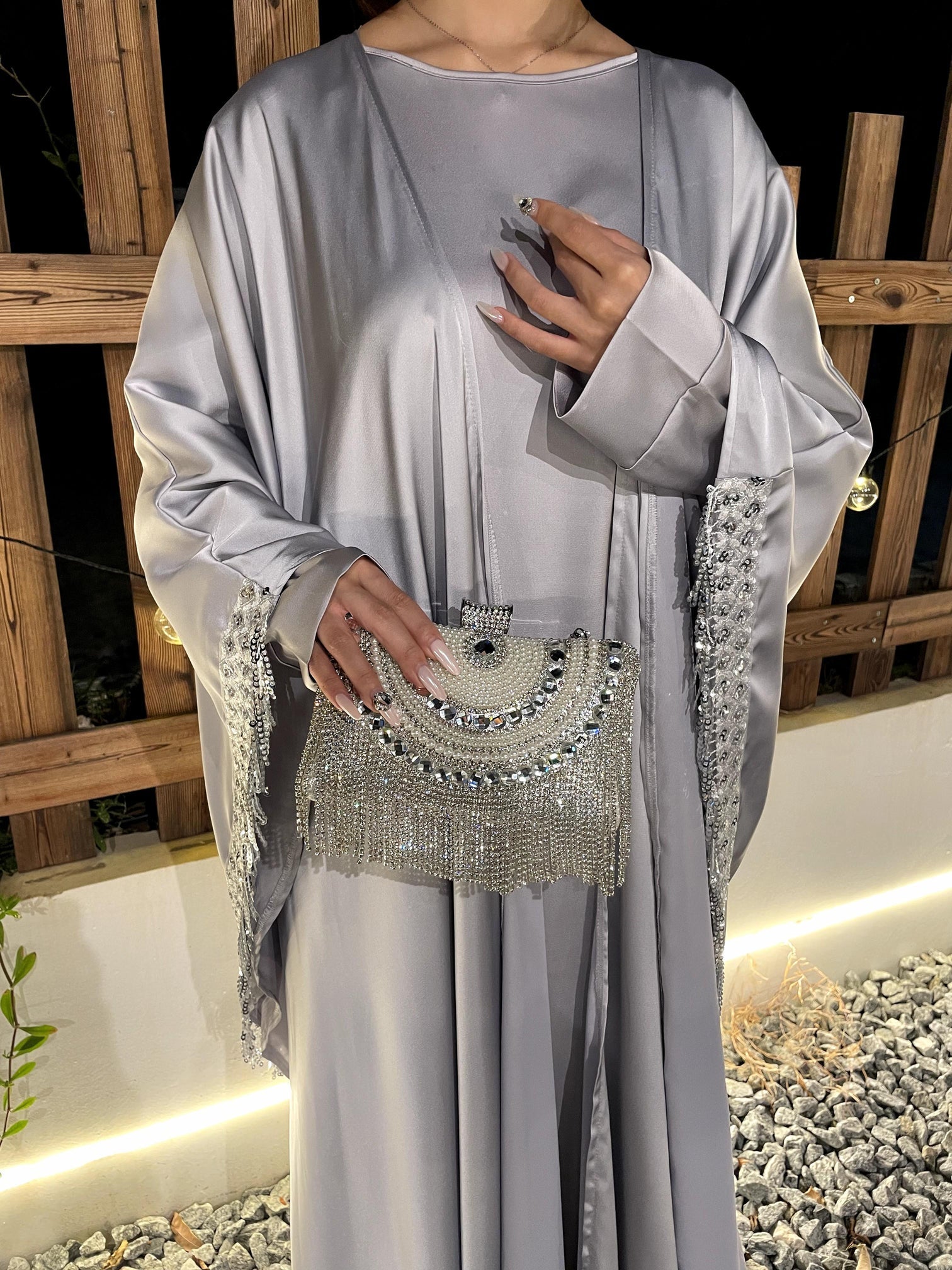 Butterfly Satin Abaya Set 2 Pieces Modest Clothing With Inner Dress
