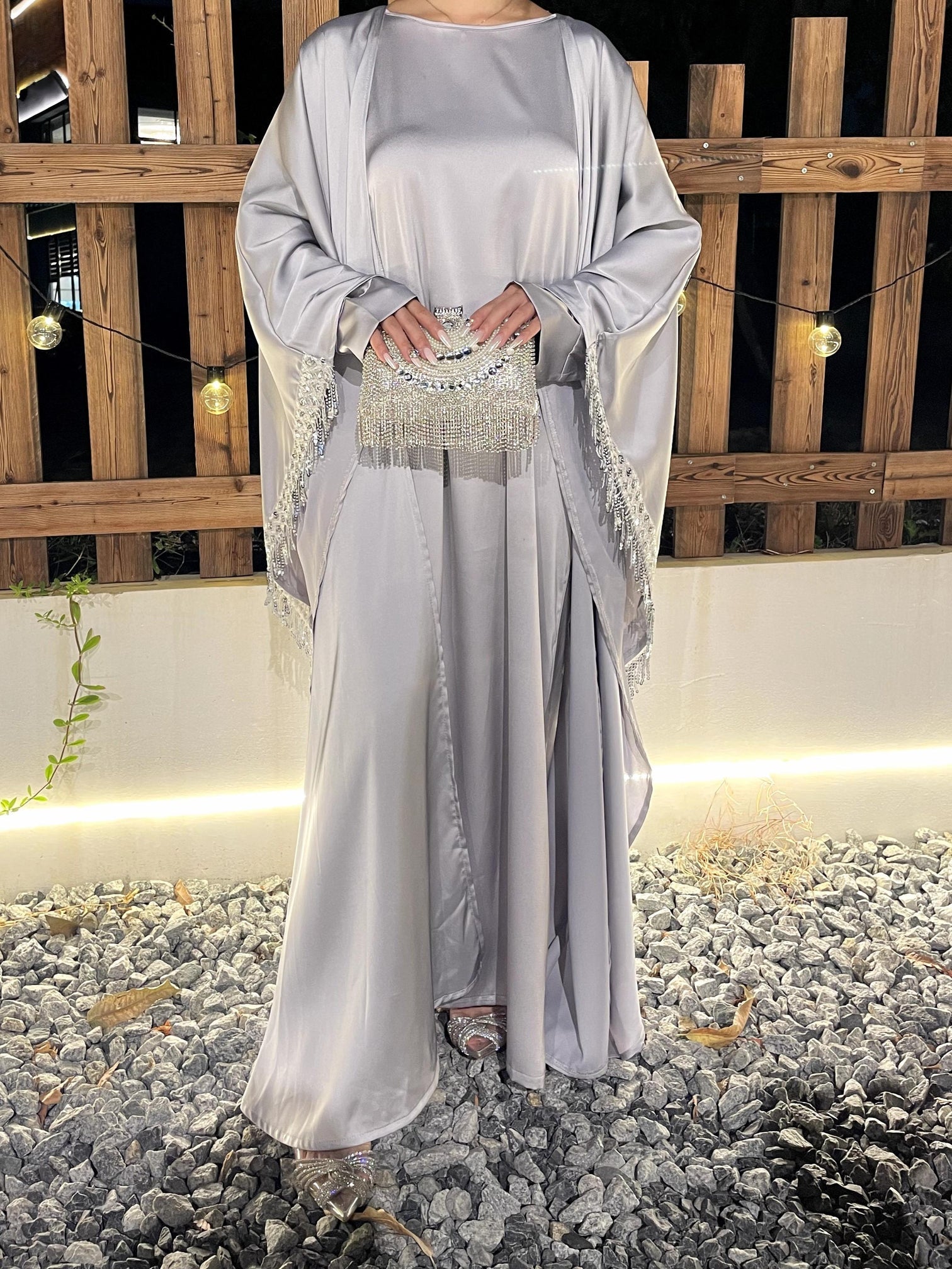 Butterfly Satin Abaya Set 2 Pieces Modest Clothing With Inner Dress