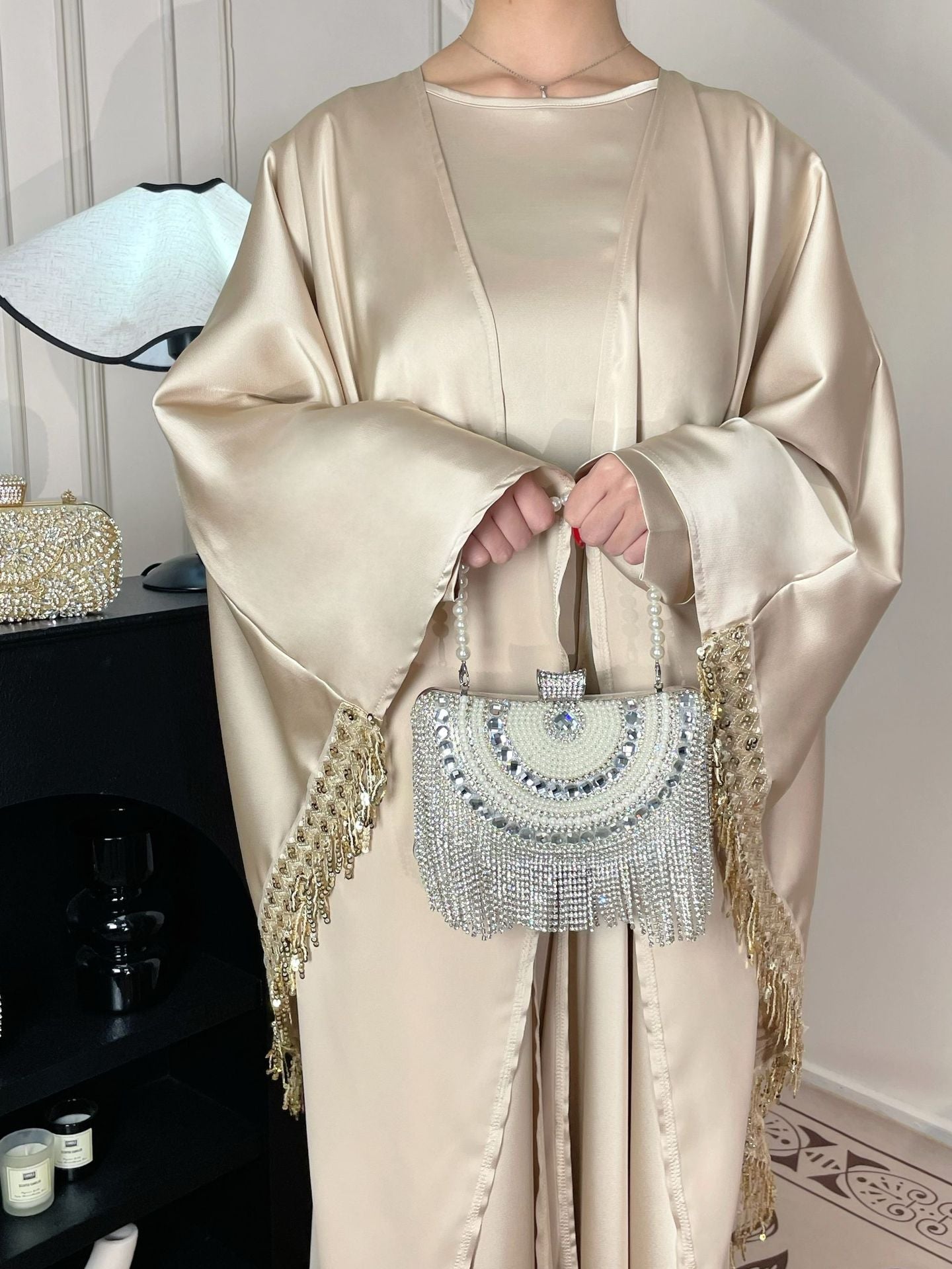 Butterfly Satin Abaya Set 2 Pieces Modest Clothing With Inner Dress