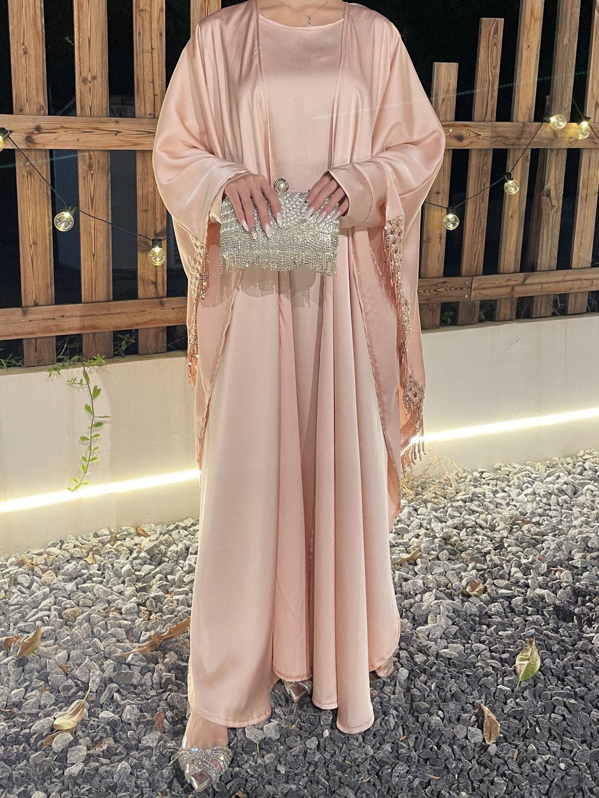 Butterfly Satin Abaya Set 2 Pieces Modest Clothing With Inner Dress
