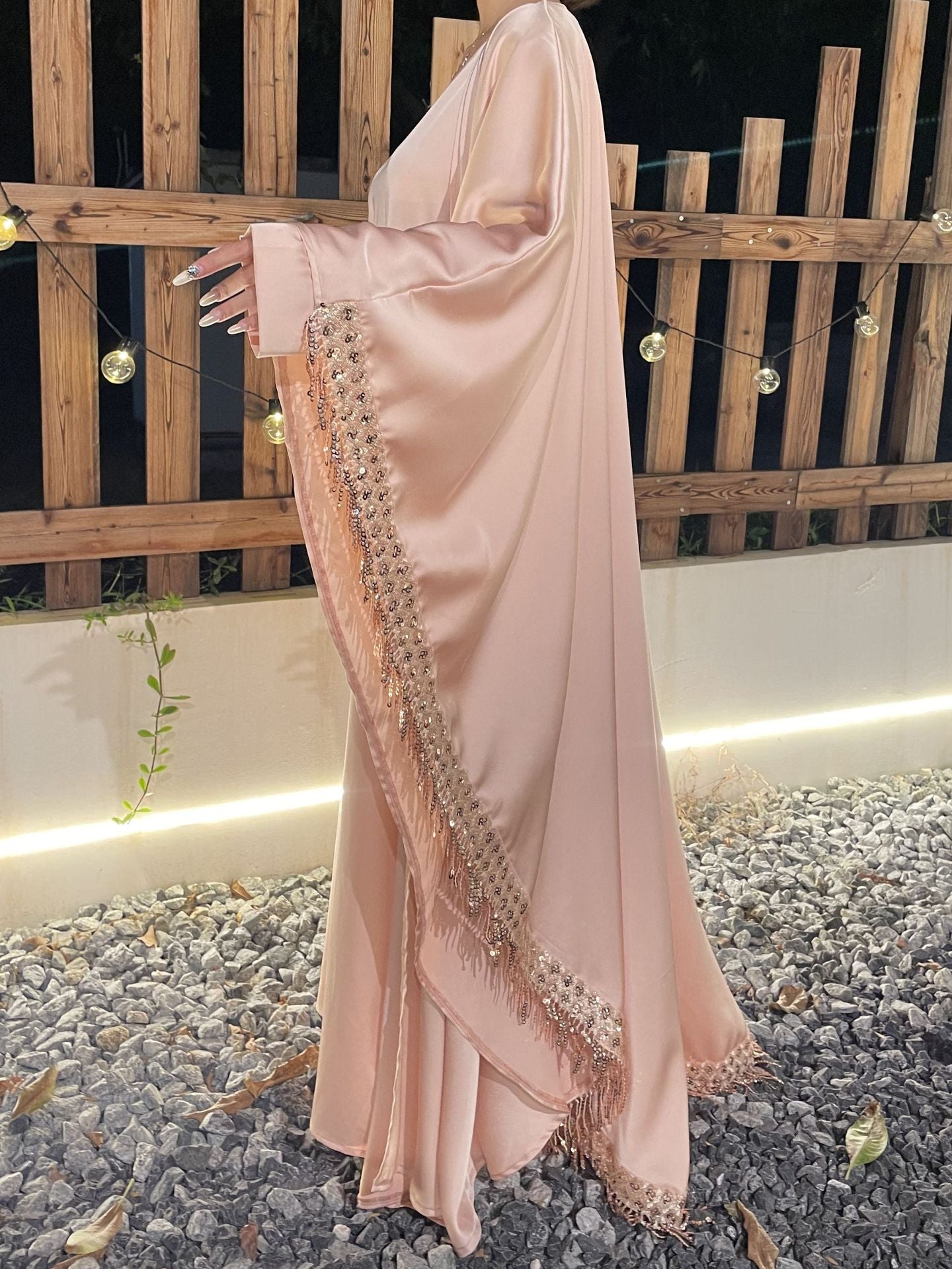 Butterfly Satin Abaya Set 2 Pieces Modest Clothing With Inner Dress