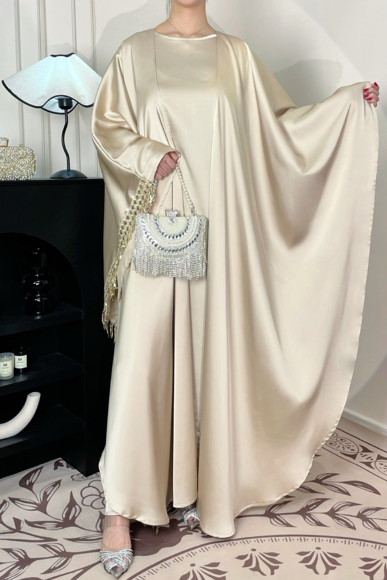 Butterfly Satin Abaya Set 2 Pieces Modest Clothing With Inner Dress