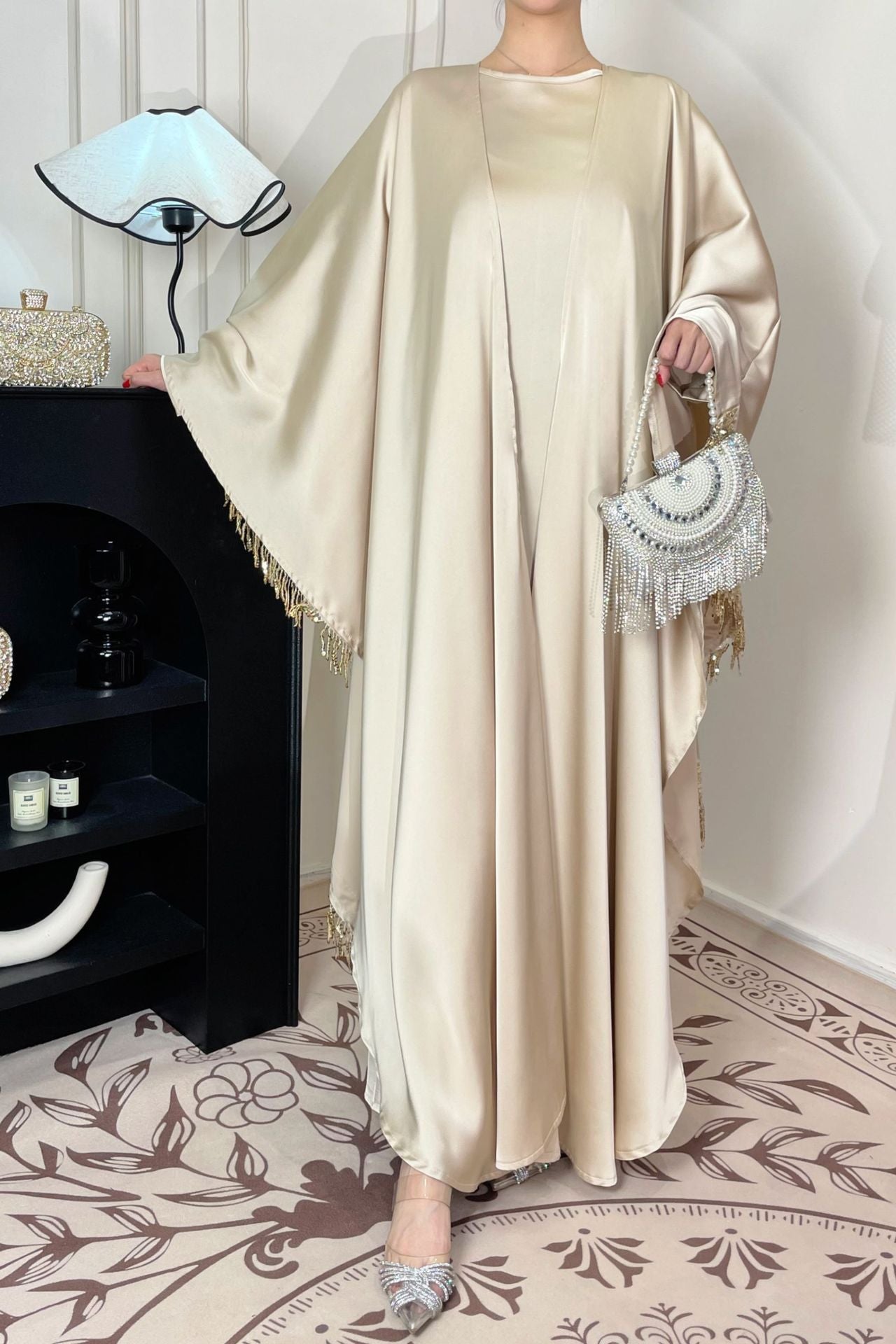 Butterfly Satin Abaya Set 2 Pieces Modest Clothing With Inner Dress