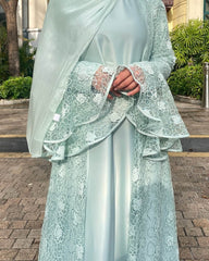 Lace Bell-Sleeve Open Abaya Dress for Women 3-Piece Set