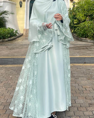 Lace Bell-Sleeve Open Abaya Dress for Women 3-Piece Set
