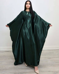 Wrinkled Satin Dark Green Butterfly Abaya Dress
