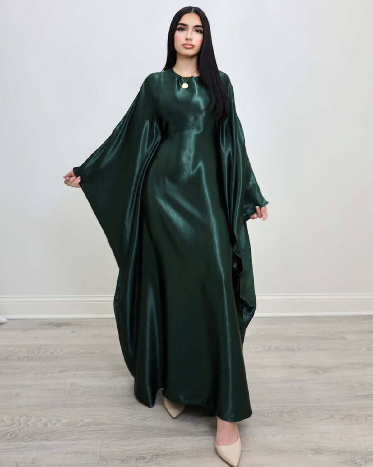 Shiny Satin Butterfly Abaya Dress