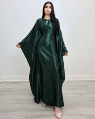 Wrinkled Satin Dark Green Butterfly Abaya Dress