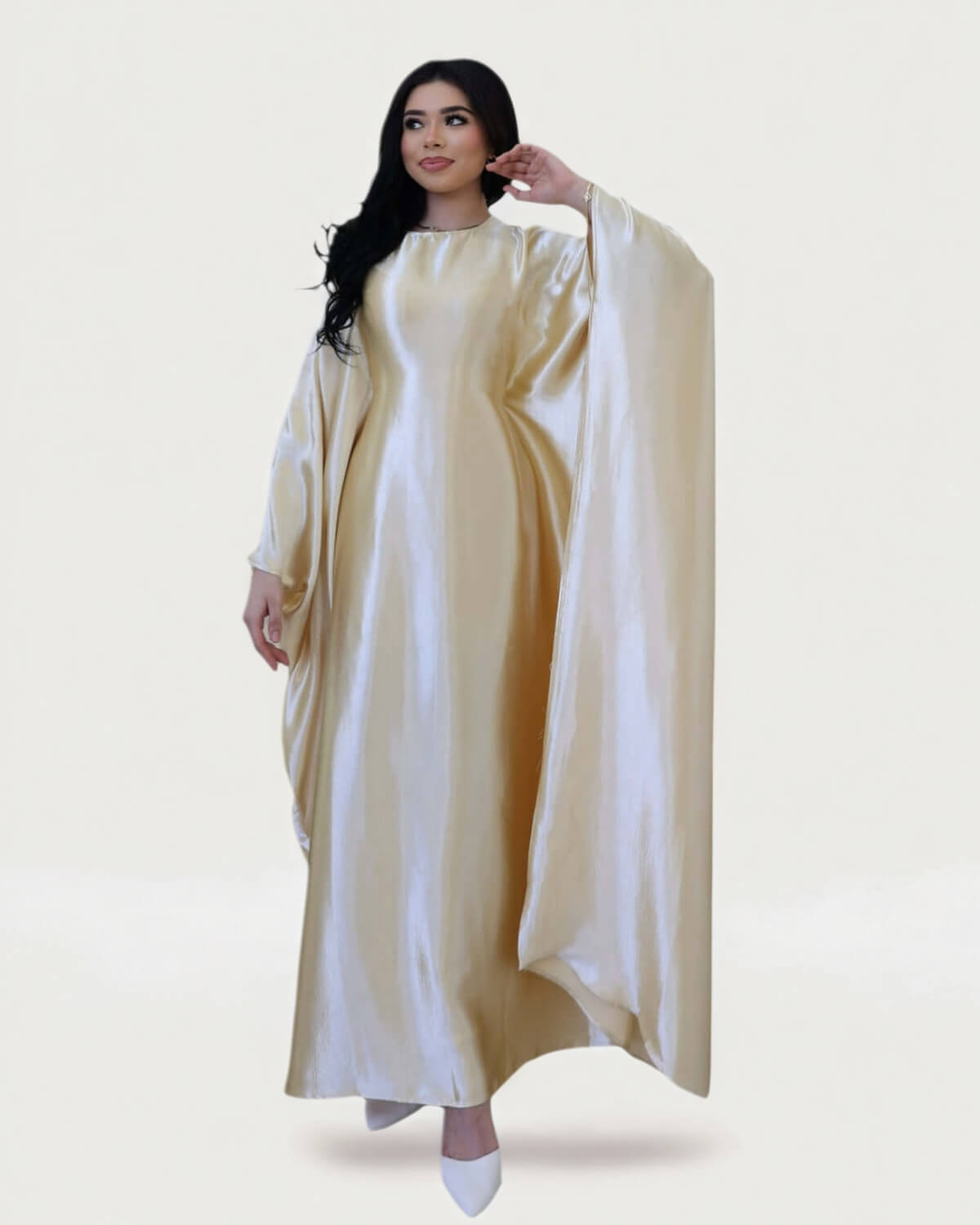 Wrinkled Satin Beige Butterfly Abaya Dress