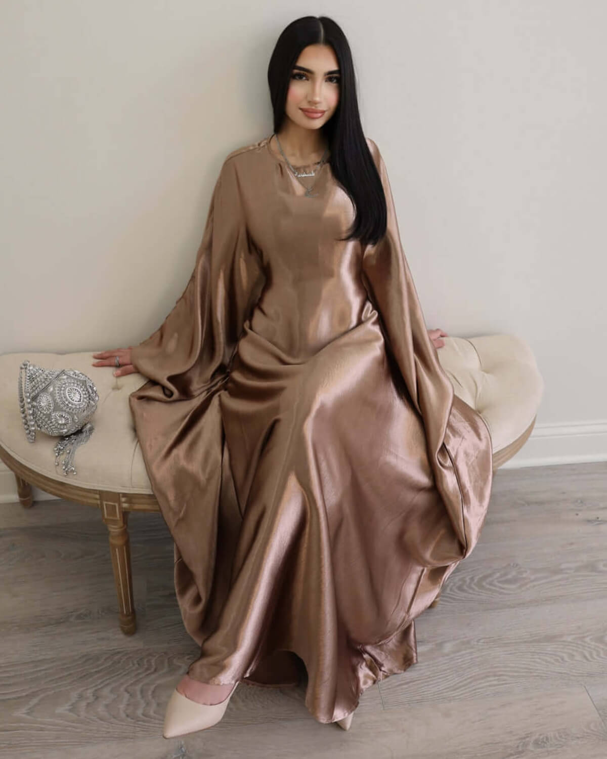 Wrinkled Satin Bronze Butterfly Abaya Dress