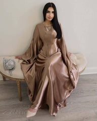 Wrinkled Satin Bronze Butterfly Abaya Dress