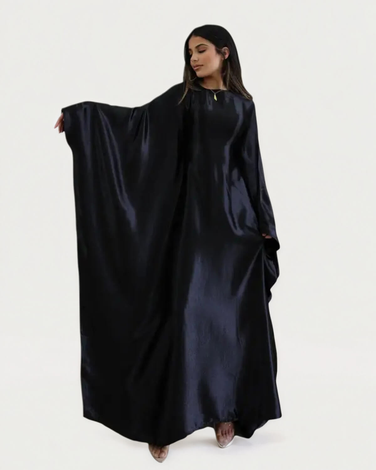 Wrinkled Satin Black Butterfly Abaya Dress