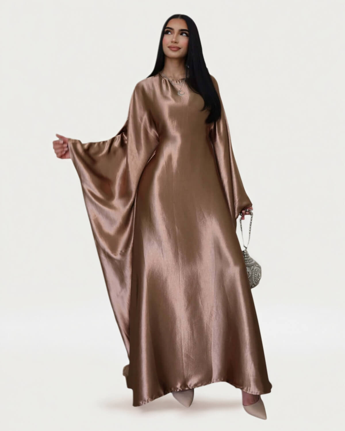 Wrinkled Satin Bronze Butterfly Abaya Dress