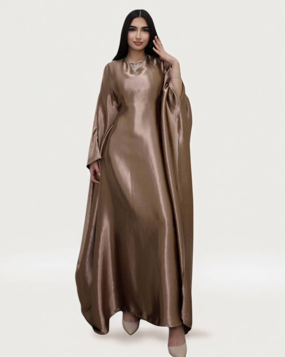 Wrinkled Satin Bronze Butterfly Abaya Dress