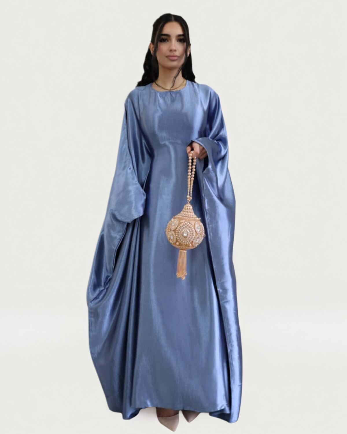 Wrinkled Satin Sky Blue Butterfly Abaya Dress