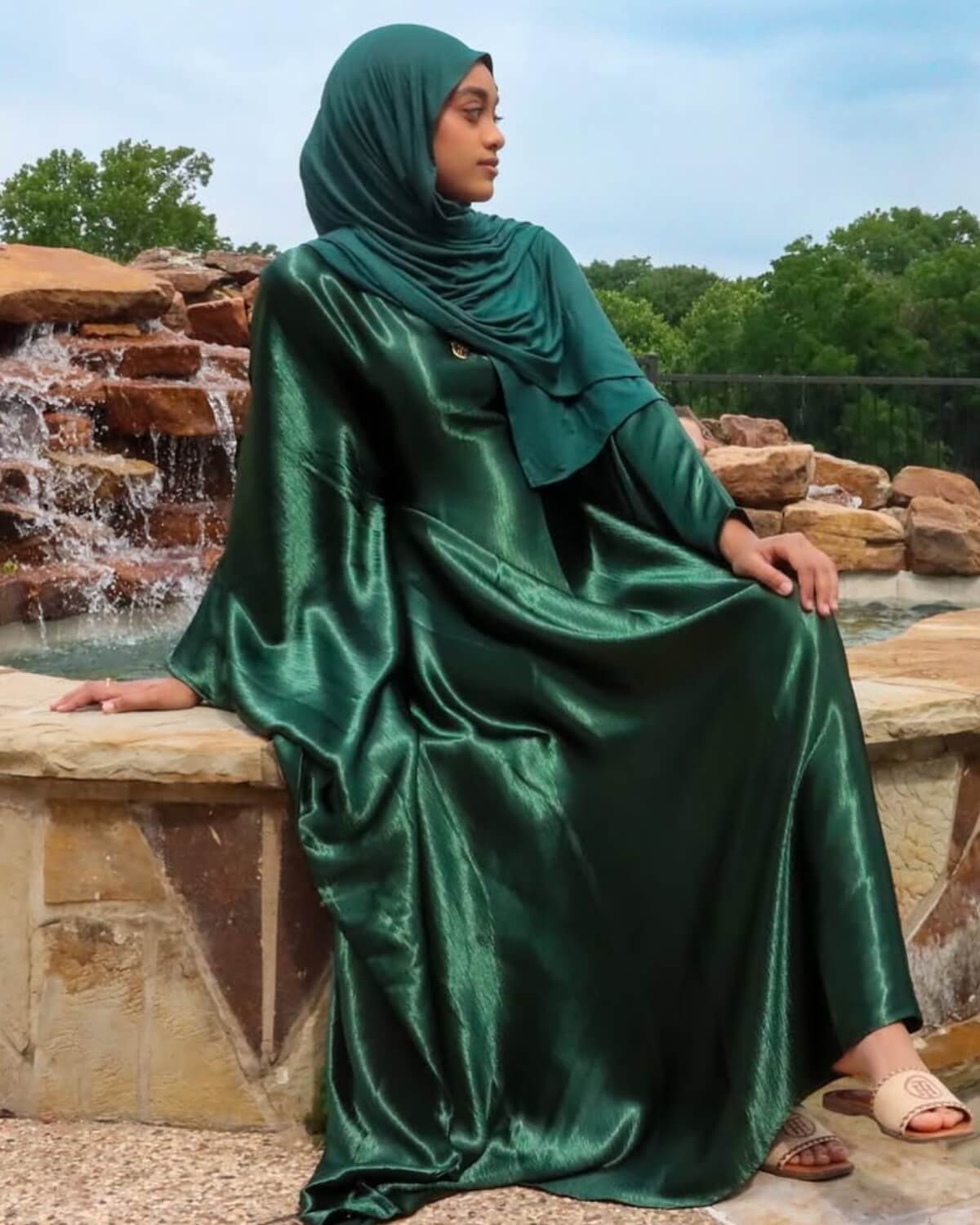 Wrinkled Satin Dark Green Butterfly Abaya Dress
