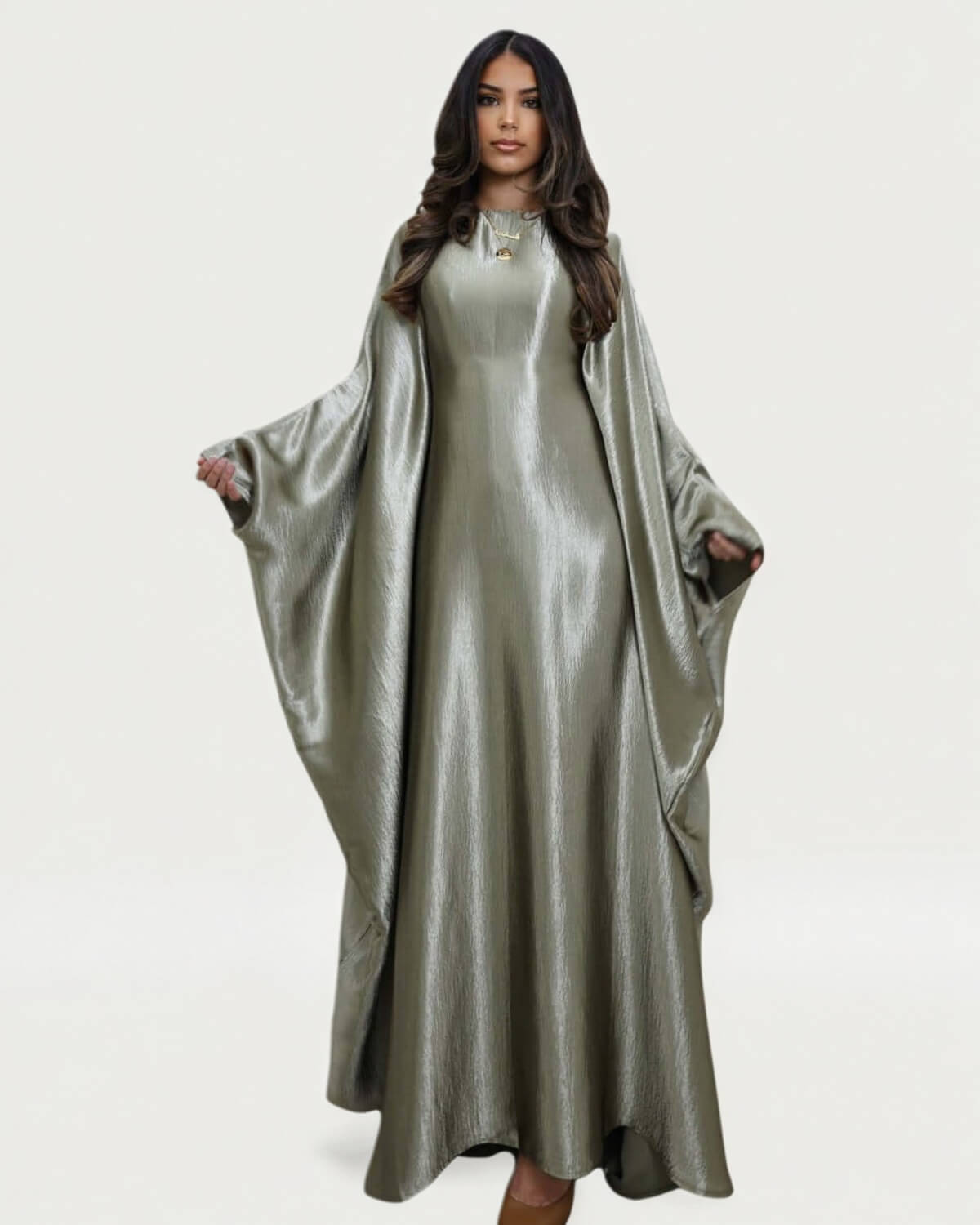 Wrinkled Satin Light Green Butterfly Abaya Dress