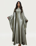 Wrinkled Satin Light Green Butterfly Abaya Dress