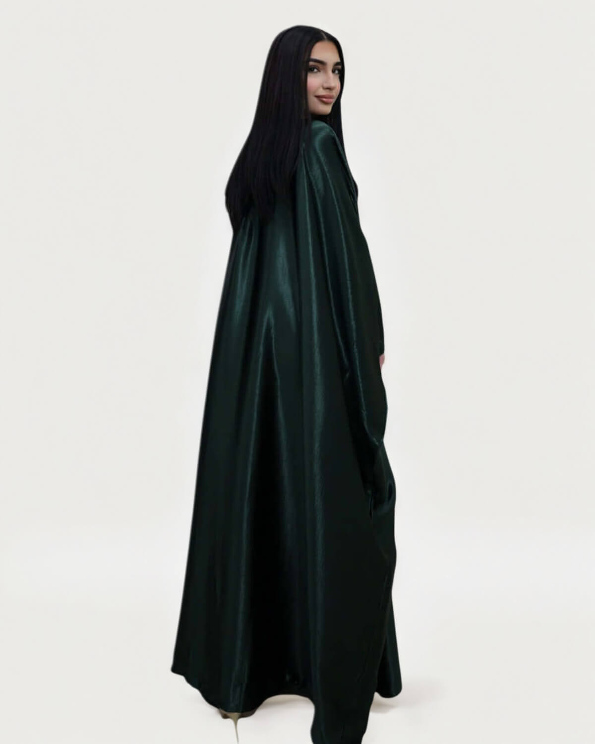 Wrinkled Satin Dark Green Butterfly Abaya Dress