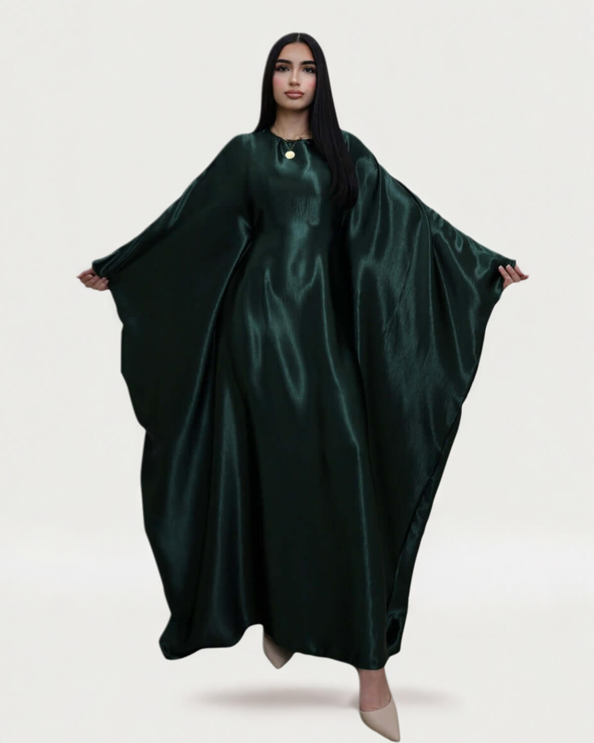 Wrinkled Satin Dark Green Butterfly Abaya Dress