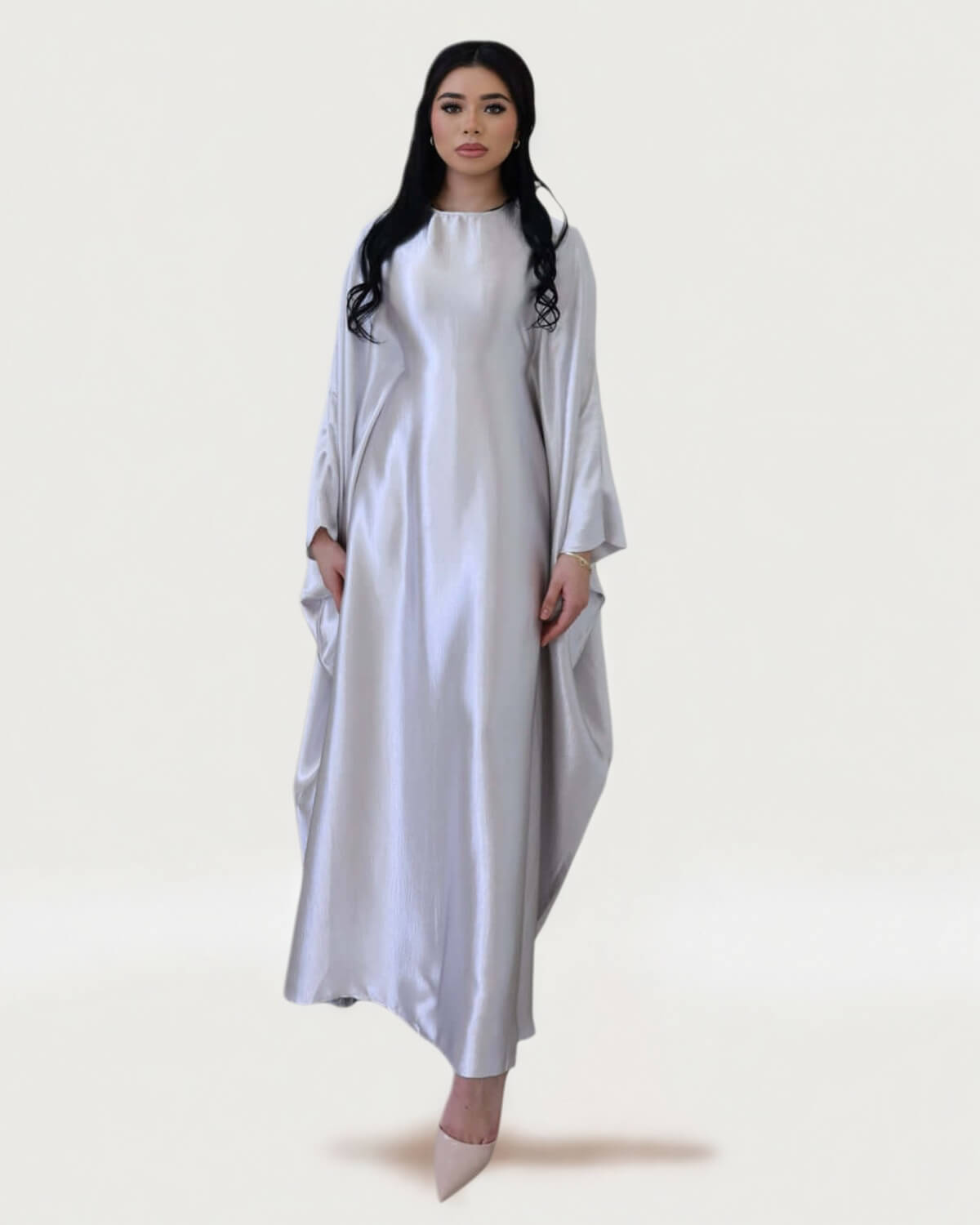 Wrinkled Satin Silver Butterfly Abaya Dress