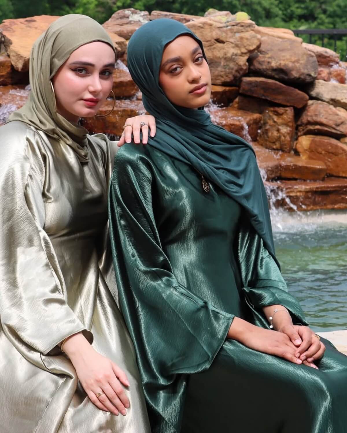 Wrinkled Satin Dark Green Butterfly Abaya Dress