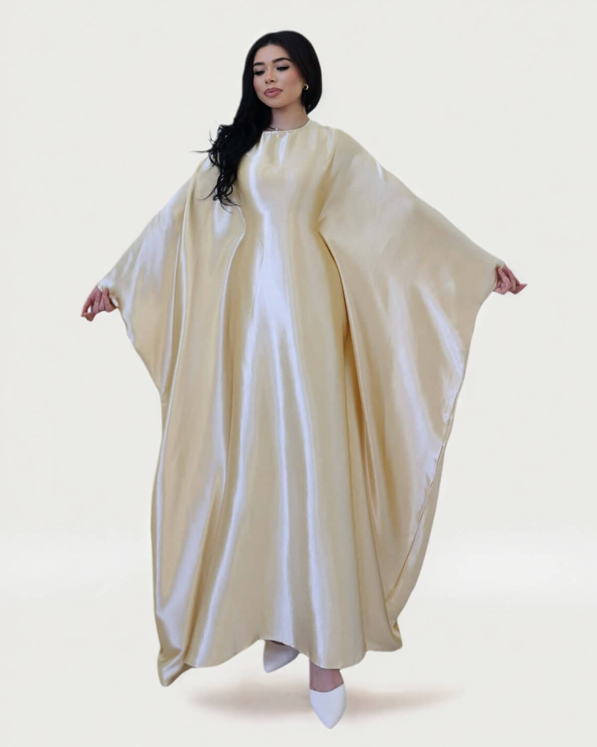 Wrinkled Satin Beige Butterfly Abaya Dress