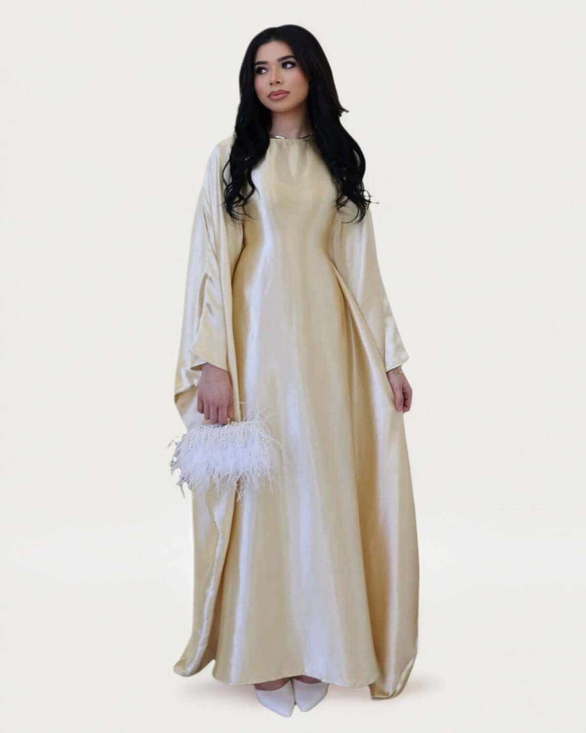 Wrinkled Satin Beige Butterfly Abaya Dress