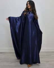 Wrinkled Satin Navy Butterfly Abaya Dress