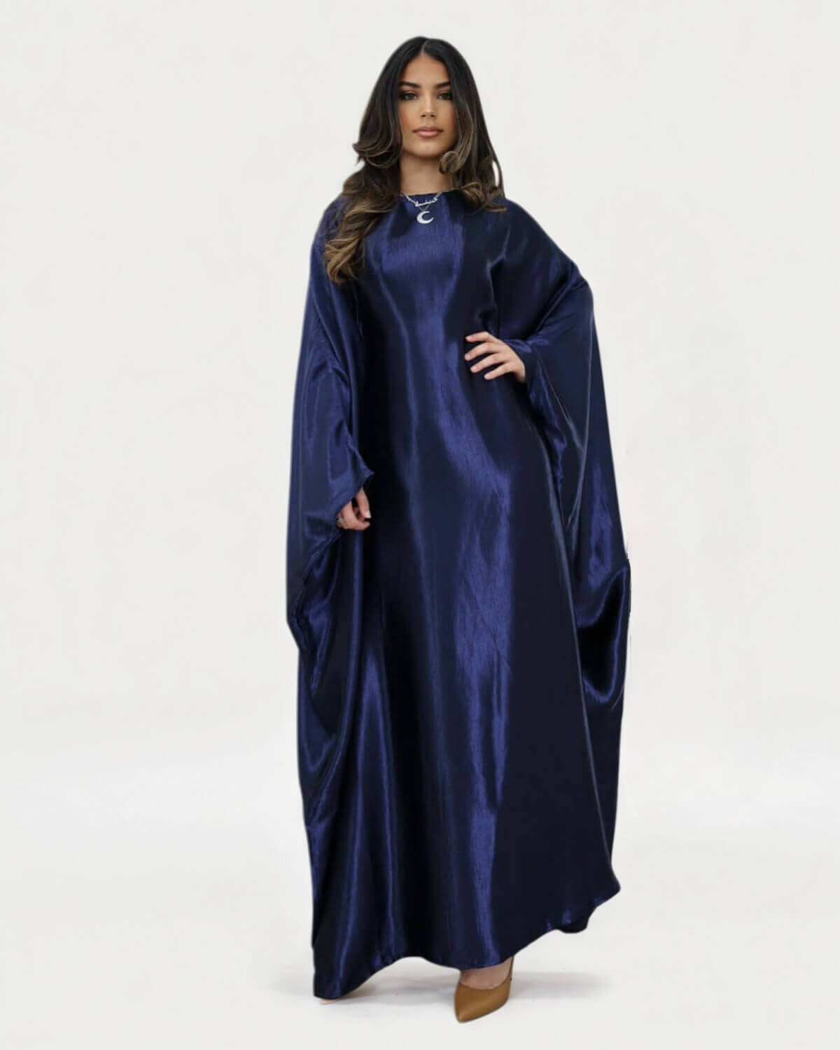 Wrinkled Satin Navy Butterfly Abaya Dress