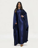 Wrinkled Satin Navy Butterfly Abaya Dress