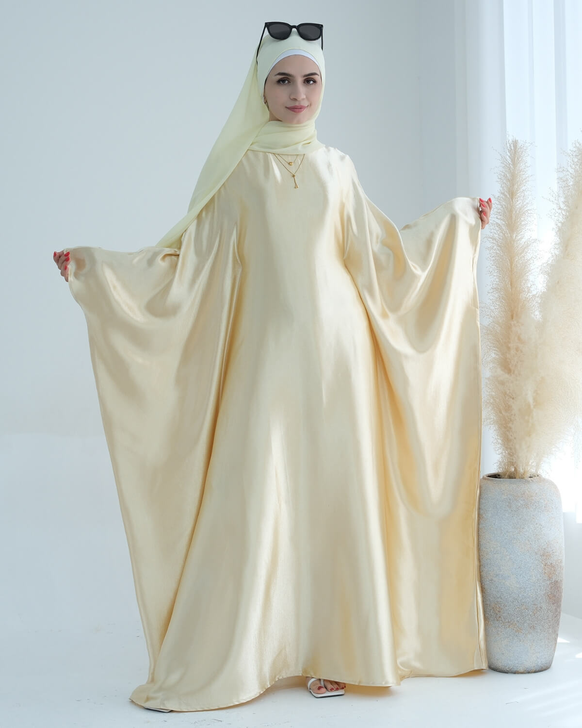 Shiny Satin Butterfly Abaya Dress