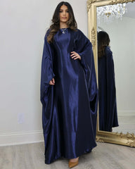 Wrinkled Satin Navy Butterfly Abaya Dress