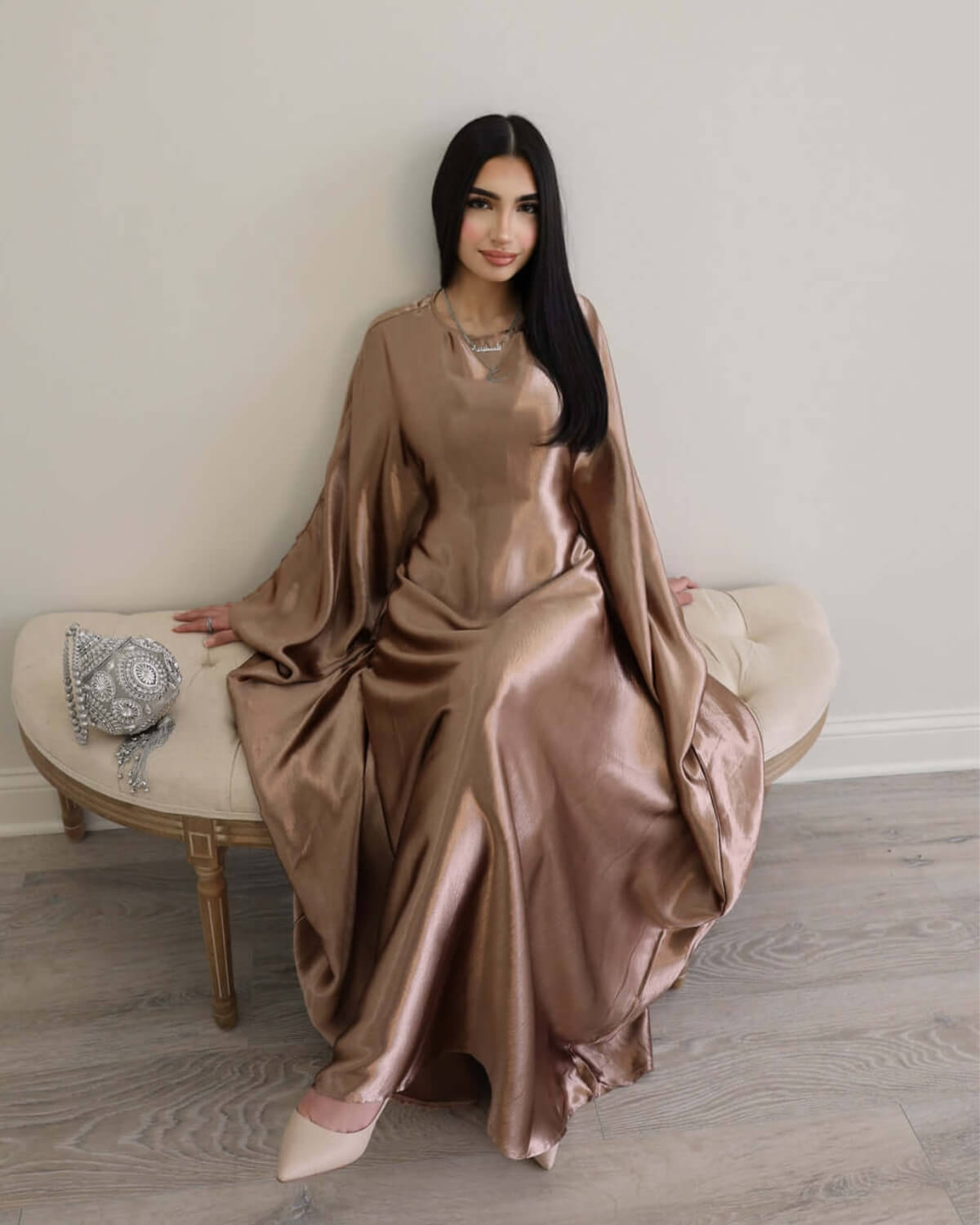Shiny Satin Butterfly Abaya Dress
