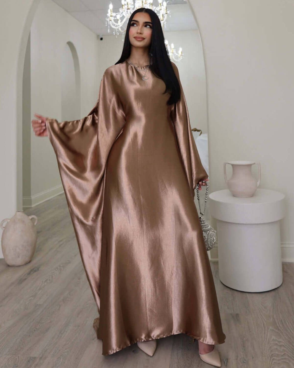 Wrinkled Satin Bronze Butterfly Abaya Dress