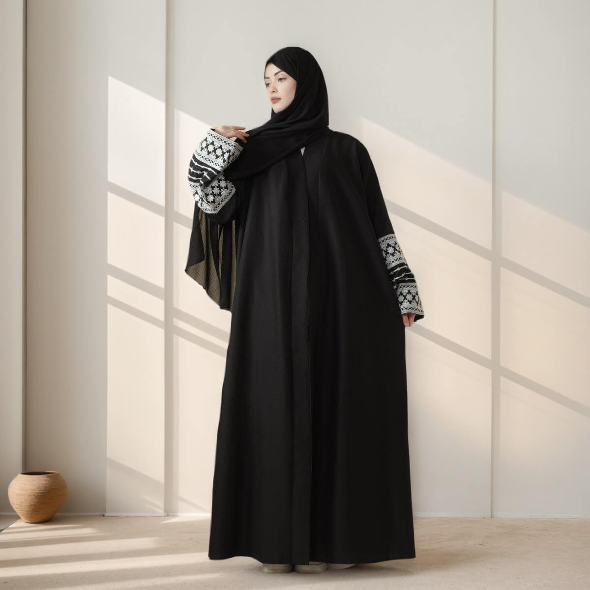 Cotton Embroidery Cardigan Black Open Abaya